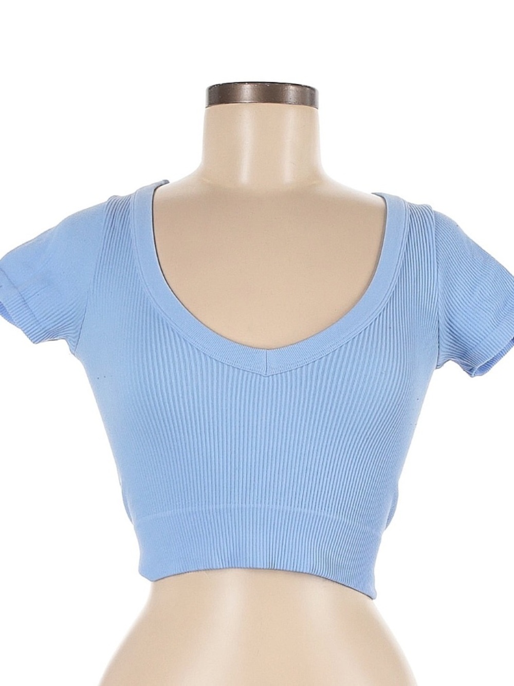 blue ribbed v neck crop top